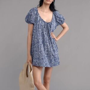 Anthropologie Maeve Scoop-Neck Mini Blue/White Floral Print Swing Dress